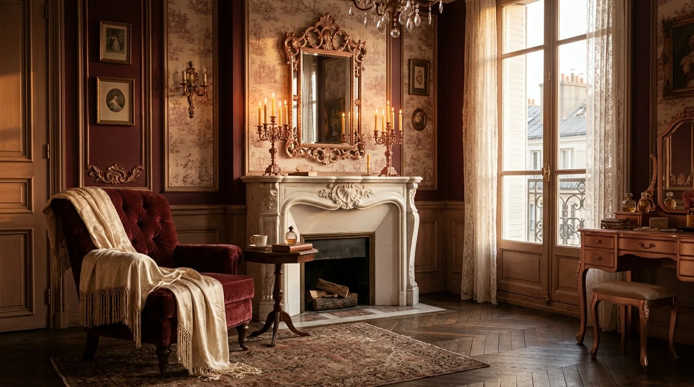 Boudoir vintage de Thalia à Nantes pour la coquine au tel — fauteuil velours bordeaux, ambiance Velours Cardinal 1920