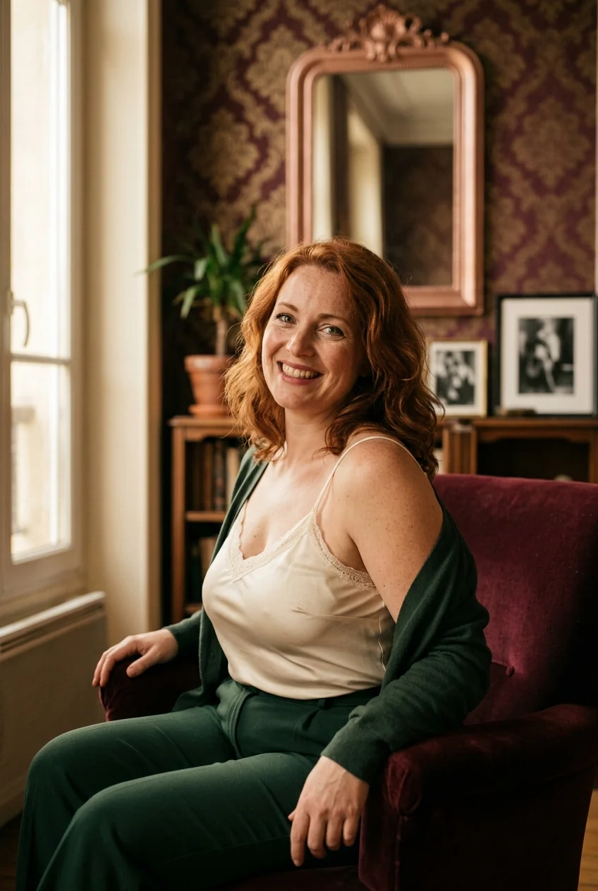 Thalia, ta coquine au tel rousse pulpeuse de Nantes (42 ans) — portrait Velours Cardinal vintage